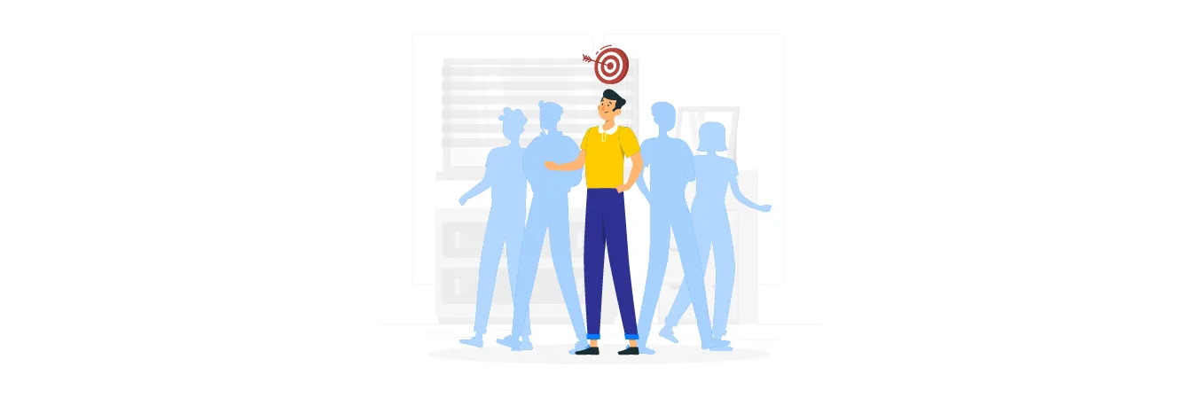 Illustration of one person in focus under a target symbol, standing in front of a faded group of people