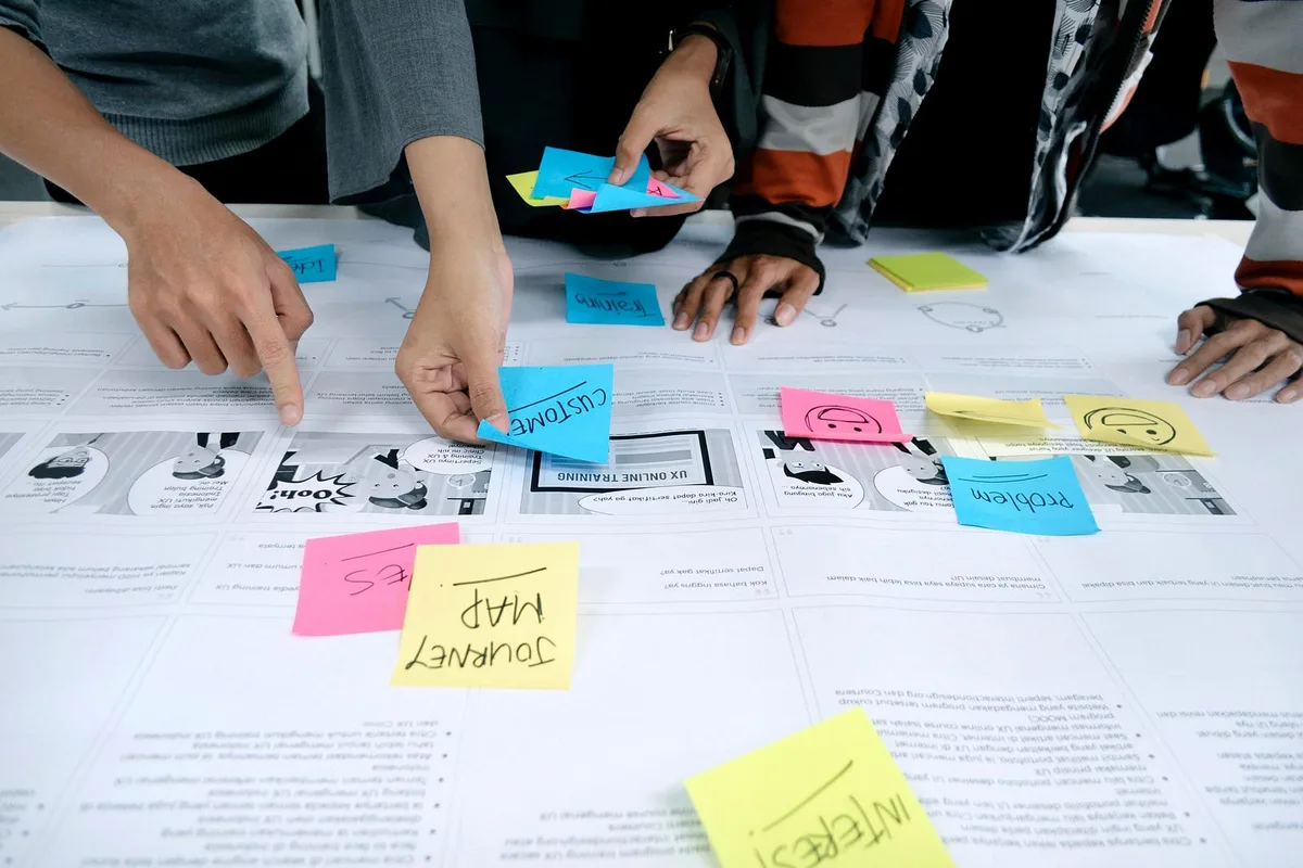 Sticky notes on a user journey map during a research session