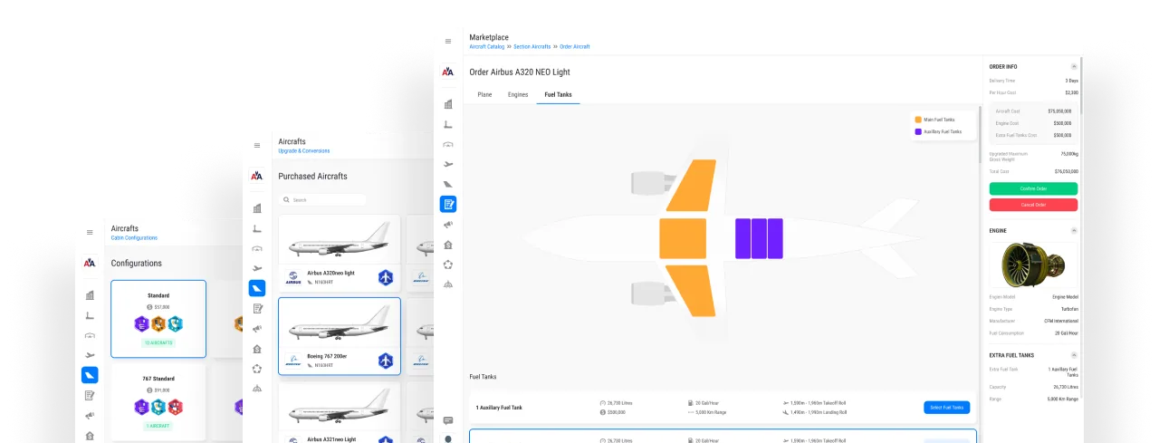 Airline tycoon game screens for cabin configuration, purchased aircraft and the aircraft marketplace