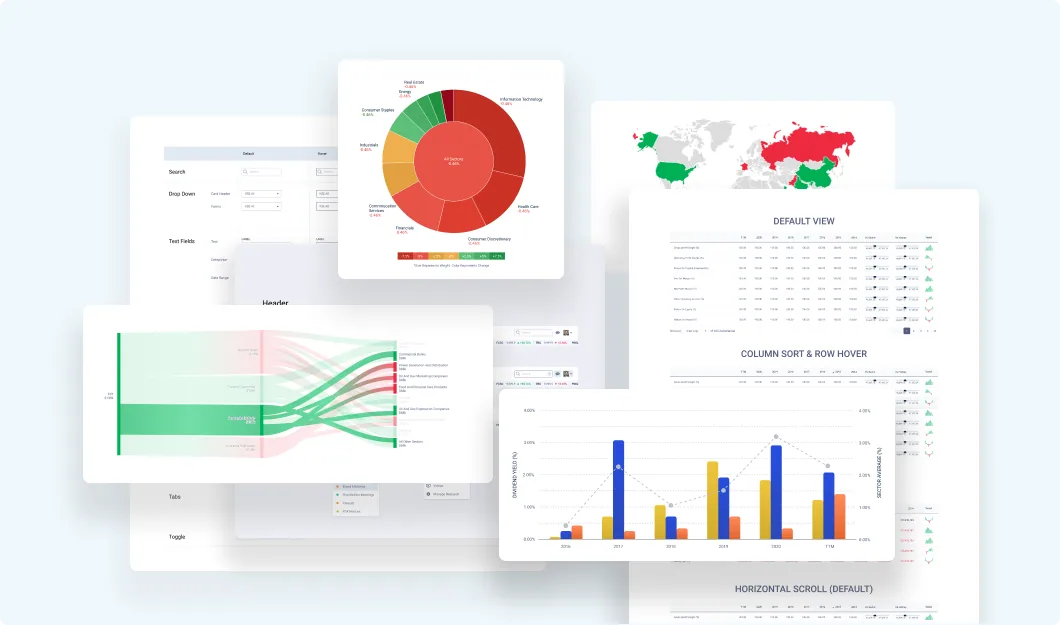 Modular UI components including charts, maps and data tables