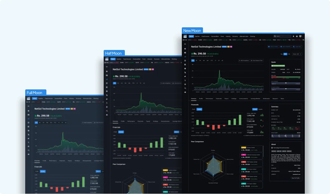 Three dark mode themes named after phases of the moon