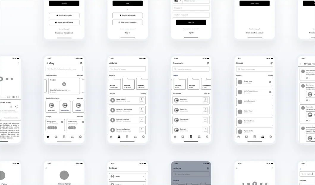 Low-fidelity wireframes for the Misonge app