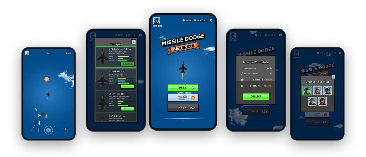 Missile Dodge 2D screens: flares in flight, the jet hangar, the main menu, mission results and pilot selection